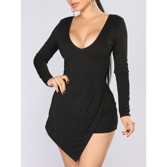 Fashion Nova Black Long Sleeve Asymmetrical Romper Small - Picture 1 of 6